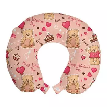 ABAKUHAUS Valentines Travel Pillow Подушка для шеи, воздушный шар Bear Cake, пенопластовые дорожные принадлежности для самолета и автомобиля, 30x30 см, Коричневый персиковый кораллово-красный