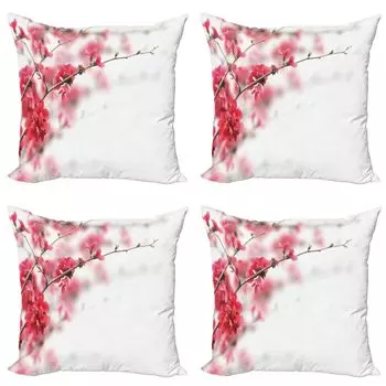 ABAKUHAUS Весенний комплект чехлов для подушек (4 предмета), Cherry Blossom Misty, современная двусторонняя цифровая печать, 45 см x 45 см, розовый белый