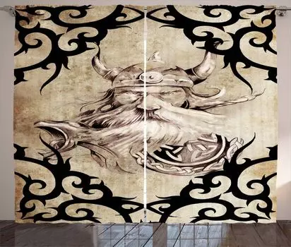 ABAKUHAUS Viking Деревенская штора, силуэт старого викинга, универсальные ленточные шторы для гостиной с петлями и крючками, 280 x 225 см, бежево-черный