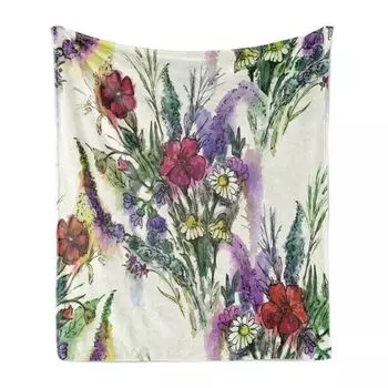 ABAKUHAUS Vintage Мягкое фланелевое флисовое одеяло, акварельный эффект, яркий весенний букет, 175 x 230 см, кремовый многоцветный, бежевый
