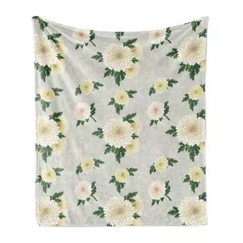 ABAKUHAUS Vintage Мягкое фланелевое флисовое одеяло, хризантемы приглушенных тонов, уютный плюш для использования в помещении и на улице, 125 x 175 см, цвет кокоса и папоротника