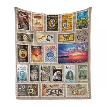 ABAKUHAUS Vintage Мягкое фланелевое флисовое одеяло, Обзор туристических марок, Уютный плюш для использования в помещении и на улице, 125 x 175 см, Коричнево-желтый, коричневый