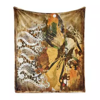 ABAKUHAUS Vintage мягкое фланелевое флисовое одеяло, украшенное бабочками и кружевом, уютный плюш для использования в помещении и на улице, 125 x 175 см, разноцветное