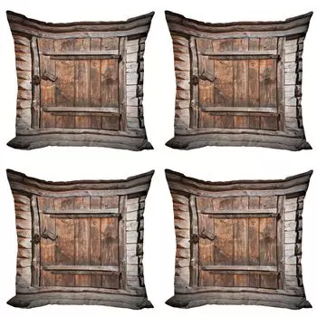 ABAKUHAUS Vintage Набор чехлов для подушек (4 предмета), деревянная дверь в деревенском стиле, современная двусторонняя цифровая печать, 45 см x 45 см, коричневый