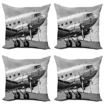 ABAKUHAUS Vintage Набор чехлов для подушек для самолетов (4 предмета), старый авиалайнер, современная двусторонняя цифровая печать, 45 см x 45 см, серо-черный