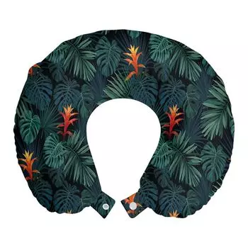 ABAKUHAUS Vintage Palm Travel Подушка для шеи, темные тона Guzmania, пенопластовые дорожные принадлежности для самолета и автомобиля, 30x30 см, темно-зеленый многоцветный