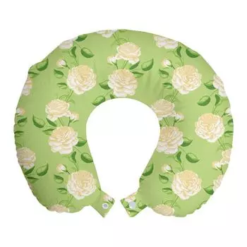 ABAKUHAUS Vintage Rose Travel Pillow Подушка для шеи, свежие желтые цветы, пенопластовые дорожные принадлежности для самолета и автомобиля, 30x30 см, Светло-зеленый шампанский