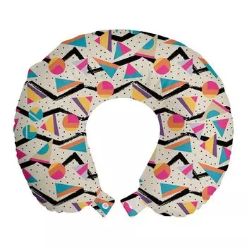 ABAKUHAUS Vintage Travel Pillow Подушка для шеи, Мемфис, 80-е, геометрические предметы из пенопласта, дорожные предметы для самолета и автомобиля, 30x30 см, Разноцветные