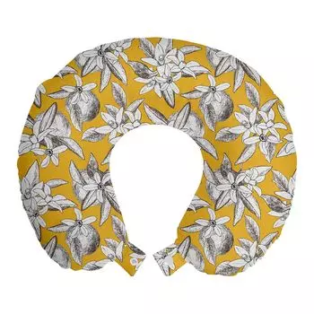 ABAKUHAUS Vintage Travel Pillow Подушка для шеи, Оранжевый цвет и цветы, Пенопластовые дорожные принадлежности для самолета и автомобиля, 30x30 см, Земляно-желтый серо-коричневый