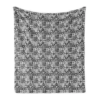 ABAKUHAUS Vintage Tribal мягкое фланелевое флисовое одеяло, монохромное абстрактное искусство, различные квадратные мотивы с элементами ретро, 175 x 230 см, черный и белый