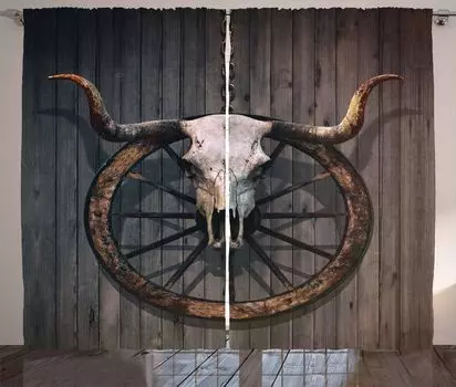 ABAKUHAUS Wagon Wheel Рустикальная штора, деревенский череп, универсальные ленточные шторы для гостиной с петлями и крючками, 280 x 225 см, черно-коричневые, черный