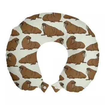 ABAKUHAUS Walrus Travel Pillow Подушка для шеи, мультяшный морж, пенопластовые дорожные принадлежности для самолета и автомобиля, 30x30 см, карамельный цвет яичной скорлупы