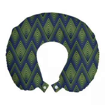 ABAKUHAUS Wave Travel Подушка для шеи, Зигзаги Яркое абстрактное искусство, Пенопластовые дорожные принадлежности для самолета и автомобиля, 30x30 см, Цвет индиго, яблоко-зеленый