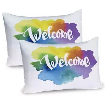 ABAKUHAUS Welcome Чехлы для подушек, набор из 2 шт., Добро пожаловать, нарисованные от руки надписи на фоне акварельного искусства в винтажном стиле, Чехол для подушки с декоративным принтом, 80 x 40 см, Многоцветный