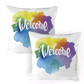 ABAKUHAUS Welcome Чехлы для подушек, набор из 2 шт., Добро пожаловать, нарисованные от руки надписи на акварельном фоне в винтажном стиле, Чехол для подушки с декоративным принтом, 80 x 80 см, Многоцветный