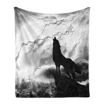 ABAKUHAUS Wolf Мягкое фланелевое флисовое одеяло, Howl Under Full Moon, уютный плюш для использования в помещении и на открытом воздухе, 125 x 175 см, черный, серый и белый