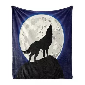 ABAKUHAUS Wolf Мягкое фланелевое флисовое одеяло, Воющее животное на высокой скале с пастельными тонами Большая полная луна ночью, 175 x 230 см, Цвет слоновой кости Черный Синий