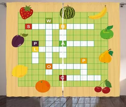 ABAKUHAUS Word Search Puzzle Занавеска в деревенском стиле, Летние фрукты, Универсальные ленточные шторы для гостиной с петлями и крючками, 280 x 260 см, Разноцветные