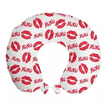 ABAKUHAUS XOXO Подушка для путешествий Подушка для шеи, помада с рисунком аббревиатуры «Поцелуй», пенопластовые дорожные принадлежности для самолета и автомобиля, 30x30 см, темно-розовый и белый