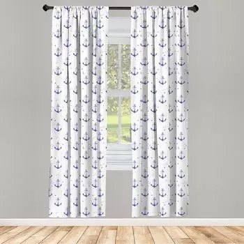 ABAKUHAUS Якорные шторы, шторы, акварельные эскизные якорные мотивы, морской монохромный повторяющийся узор, в упаковке 2 шт., 75 x 245 см, фиолетово-синий и белый