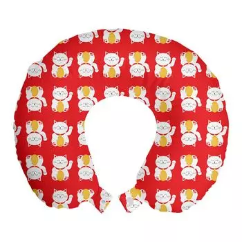 ABAKUHAUS Японская дорожная подушка для кошек, поддержка шеи, Luck Fortune Cat, пенопластовые дорожные принадлежности для самолета и автомобиля, 30x30 см, киноварь белая горчица