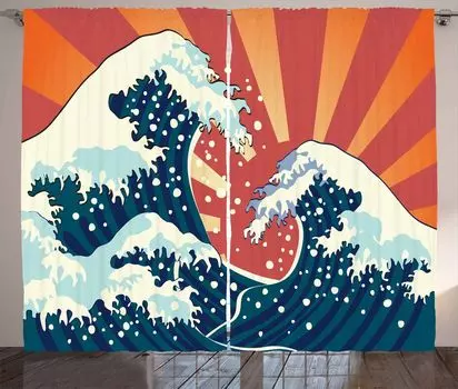 ABAKUHAUS Японская волнистая занавеска в деревенском стиле, летний закат, универсальные ленточные шторы для гостиной с петлями и крючками, 280 x 225 см, разноцветные