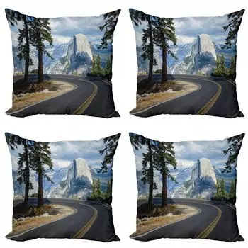 ABAKUHAUS Yosemite Набор чехлов для подушек (4 предмета), Пейзаж горной дороги, современная двусторонняя цифровая печать, 40 см x 40 см, зеленый