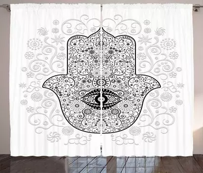 ABAKUHAUS Занавеска Hamsa в деревенском стиле, Знак защиты Божества, Универсальные ленточные шторы для гостиной с петлями и крючками, 280 x 260 см, Белый Черный Зеленый