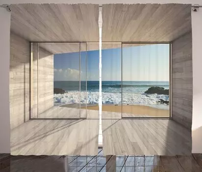ABAKUHAUS Занавеска Ocean Rustic, Юбка с видом на морские волны, Ленточная штора с рюшами для спальни, петлями и крючками, 280 x 245 см, Бежево-Синий Белый