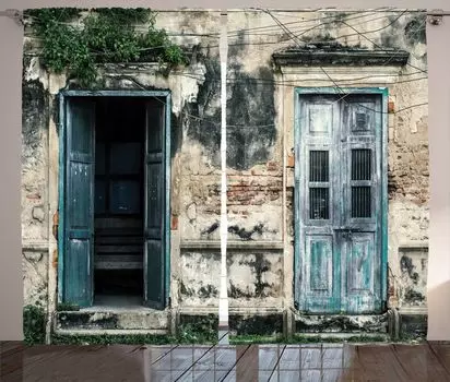 ABAKUHAUS Занавеска в деревенском стиле, Doors by Old Rock House, Ленточная занавеска с рюшами и петлями для спальни, 280 x 225 см, Серо-бирюзовый, серый