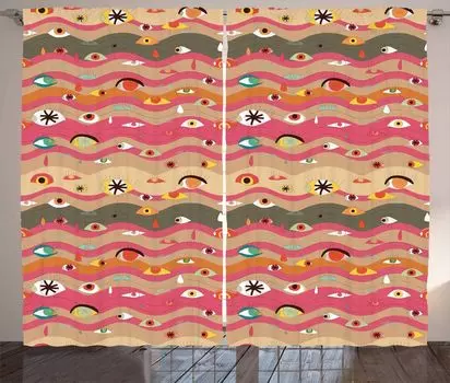 ABAKUHAUS Занавеска в деревенском стиле, волнистые линии Groovy Hippie, ленточная занавеска с рюшами для спальни, петлями и крючками, 280 x 260 см, разноцветная