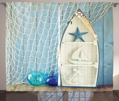 ABAKUHAUS Занавеска в морском стиле, Морские иконы Морская звезда, Универсальные ленточные шторы для гостиной с петлями и крючками, 280 x 260 см, Белый Синий