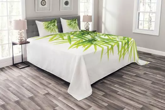 ABAKUHAUS Зеленый комплект покрывала, Bamboo Leaf Peace, комплект с моющимися наволочками, для односпальных кроватей 220 x 220 см, зеленый белый