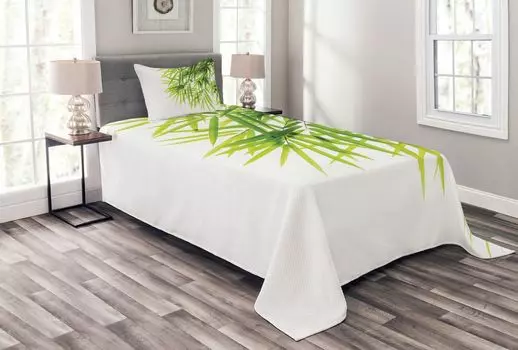 ABAKUHAUS Зеленый комплект покрывала, Bamboo Leaf Peace, комплект с моющимися наволочками, для односпальных кроватей 170 x 220 см, зеленый белый