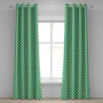 ABAKUHAUS Желто-синяя штора с люверсами, мороженое со вкусом лимона, очки и усы с графикой веселого настроения, декоративные оконные шторы с 2 панелями, 280 см x 260 см, бирюзово-желтый