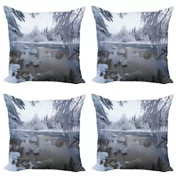 ABAKUHAUS Зимний комплект чехлов для подушек (4 предмета), Nordic Snow Nature Icy, современная двусторонняя цифровая печать, 40 см x 40 см, темно-серо-белый