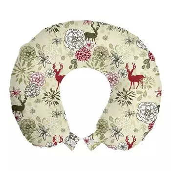 ABAKUHAUS Зимняя дорожная подушка для шеи, Deer Flowers Christmas, Пенопластовые дорожные принадлежности для самолета и автомобиля, 30x30 см, Оливково-зеленый Светло-зеленый