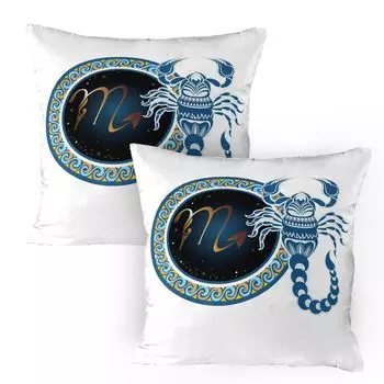 ABAKUHAUS Zodiac Скорпион Чехлы для подушки, набор из 2 шт., круглые формы с волнистым узором и декоративным скорпионом, чехол для подушки с декоративным принтом, 80 x 80 см, синий индиго, бледно-коричневый