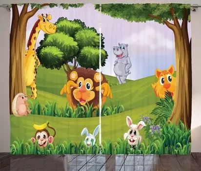 ABAKUHAUS Zoo Деревенская штора, Животные в лесном сафари, Ленточная штора с рюшами для спальни, петлями и крючками, 280 x 260 см, Разноцветная