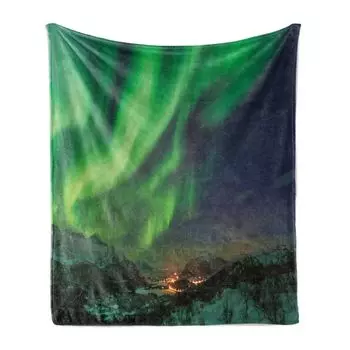 ABAKUHAUSНорвегия Мягкое фланелевое флисовое одеяло, Phenomenon Aurora Borealis Nordic Green Tones, 175 x 230 см, Лаймово-зеленый, темно-лавандовый