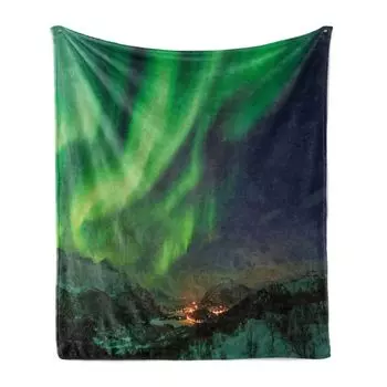ABAKUHAUSНорвегия Мягкое фланелевое флисовое одеяло, зеленые тона Aurora Borealis, уютный плюш для использования в помещении и на открытом воздухе, 125 x 175 см, лаймово-зеленый и темно-лавандовый