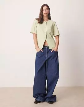 Abercrombie & Fitch - Элегантный топ на пуговицах с короткими рукавами светло-зеленого цвета