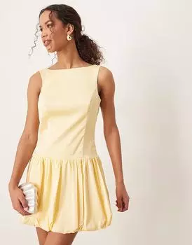 Abercrombie & Fitch мини-платье с высоким воротом, без рукавов, юбкой-фонариком и открытой спиной желтого цвета