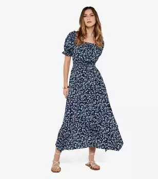 Абрикосово-синее платье миди с цветочным принтом Milkmaid Apricot, военно-морской