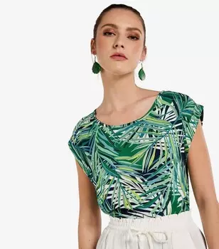 Абрикосово-темно-синяя футболка с закатанными рукавами и тропическим принтом Apricot, военно-морской