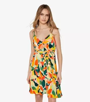 Абрикосово-зеленое мини-платье с цветными блоками и принтом листьев Apricot, зеленый