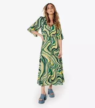 Абрикосово-зеленое платье миди с рукавами ангела и водоворотным принтом Apricot, зеленый