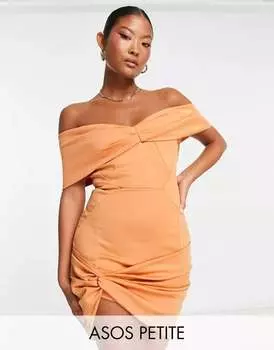 Абрикосовое мини-платье с открытыми плечами ASOS DESIGN Petite с декоративной строчкой и перекрученным краем по низу