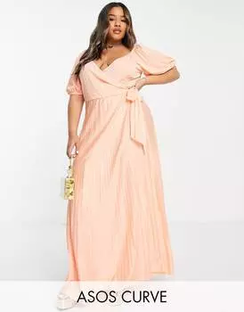 Абрикосовое платье макси с пышными рукавами и сборками спереди ASOS DESIGN Curve - ORANGE