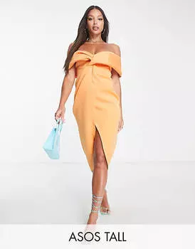 Абрикосовое платье миди с открытыми плечами и передом ASOS DESIGN Tall